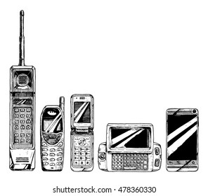 Mobile Phone Evolution Set In Ink Hand Drawn Style. Mobile Phone Form Factor: Brick Phone, Bar Phone,  Flip Phone, Wide Slider Phone, Touchscreen Smartphone.