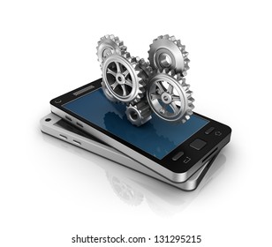 Mobile Phone And Gears. Application Development Concept.