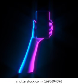 Mobile Phone hold, neon duotone hand holding smart phone isolated on black, futuristic female hand statue with smartphone 3d illustration. - Powered by Shutterstock