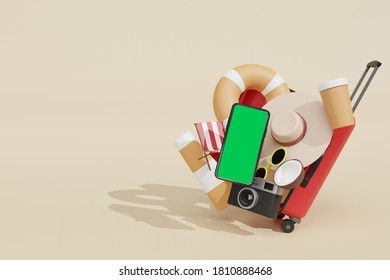 Mobile Phone Mockup 3d Rendering For Scene Creator In Summer Holiday Advertising Theme With Summer Stuff-Luuage,toy Airplane,life Ring,camera,beach Hat,sunscreen Cream And Sun Glasses