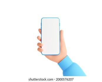 Mobile Phone Mockup With Empty White Screen In Human Hand 3d Render Illustration. Hand In Pink Sweater Holding Smartphone. Mobile Digital Gadget In Arm Isolated On White Background.