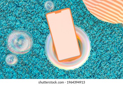 Mobile Phone Mockup Floating In The Pool With Inflatable Floats. 3d Rendering.