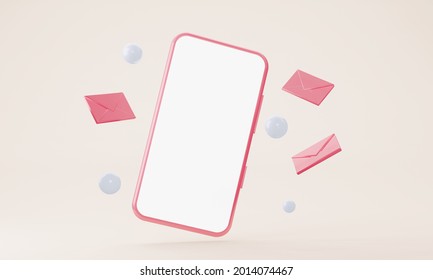 Mobile phone mockup with flying envelopes and spheres. Minimalist modern design. Smartphone with blank screen. 3d rendering