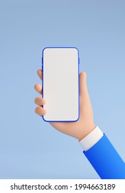 Mobile Phone Mockup In Human Hand 3d Render Illustration. Hand In Blue Business Suit Holding Smartphone With Empty White Touch Screen - Vertical Banner On Blue Background.