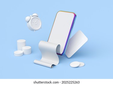 Mobile phone with paper financial bill in front and angle view. Concept of online payment, digital invoice and paycheck. Realistic mockup of smartphone with blank check tape. 3d render