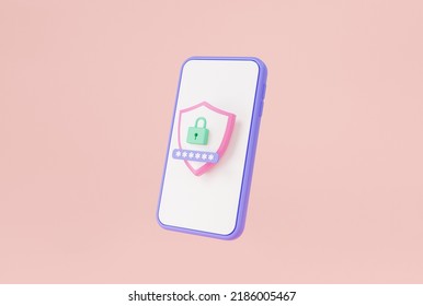 Mobile Phone With Protection Shield Icon And Passcode Screen. Password Protected, User Data Protection, Personal Access. Mobile Security Concept. 3d Icon Render Illustration. Cartoon Minimal