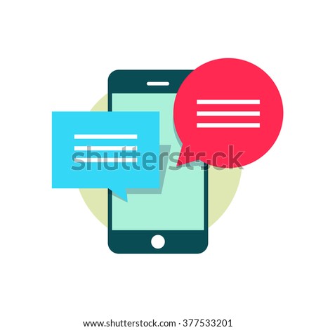Mobile phone with red blue bubble speech, concept of web chatting, online texting, messaging, connection, communication dialog, sending information modern flat illustration design isolated sign image