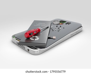 Mobile phone repair, 3D illustration. Broken mobile phone with battery. Repair electronic equipment - Powered by Shutterstock