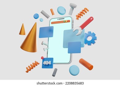 Mobile phone repair process isolate the white background, smartphone repair service, fix concept - 3d render illustration