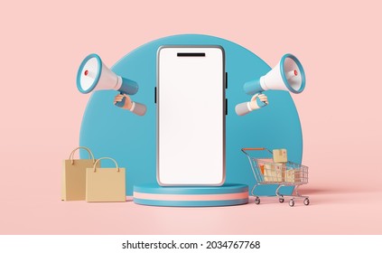 mobile phone, smartphone with blue stage podium, cart, goods cardboard box, shopping paper bag, megaphone, hand speaker isolated on pink. online shopping sale concept, 3d illustration, 3d render