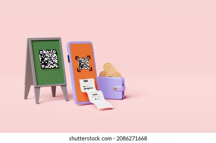 mobile phone or smartphone with qr code scanning, payment electronic bill, wallet, coin, store front sign isolated on pink background. online shopping concept, 3d illustration, 3d render