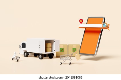 mobile phone, smartphone with search bar, magnifying, shopping cart, price tags, scooter, truck, pin isolated on beige. Online delivery or online order tracking concept, 3d illustration or 3d render