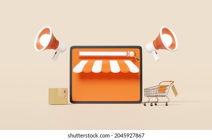 mobile phone, smartphone with store front, megaphone, hand speaker, goods cardboard box, shopping cart, tags isolated on beige. online shopping, search data concept, 3d illustration or 3d render
