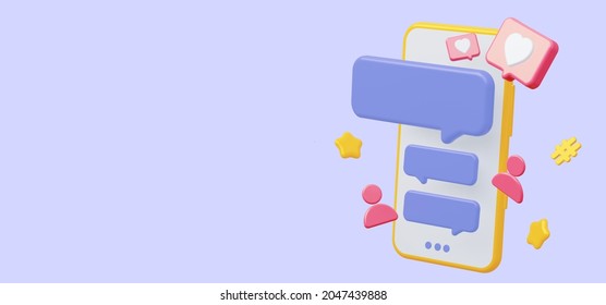 Mobile Phone With Social Media Chat. With Icon Like Heart Speech Bubble. 3d Rendering