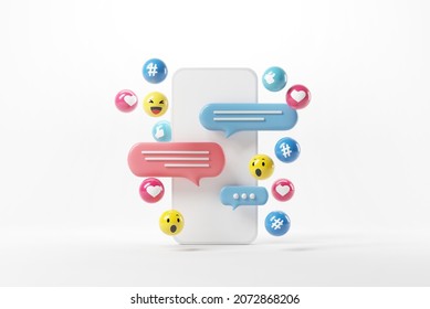 Mobile Phone With Social Network Icons, Abstract Trendy Design For Social Media Advertising. 3d Render.