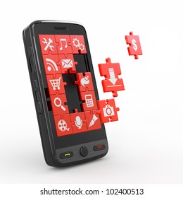 Mobile phone software. Screen from puzzle with icons. 3d