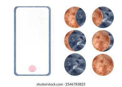 A mobile phone template and waxing, weaning moon phases, watercolor set isolated on white. Design elements perfect for gardening blogs, weather cast apps, woman's health recipes, moon milk, hormones. - Powered by Shutterstock