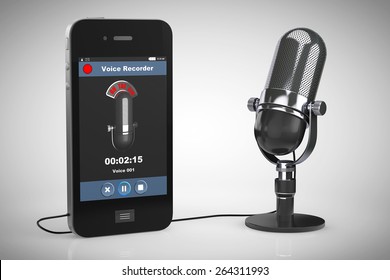 Mobile Phone As Voice Recorder With Microphone On A White Background