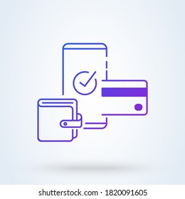 Mobile Phone And Wallet Internet Banking Sign Line Icon Or Logo. Online Payment Security Transaction Via Credit Card Concept. Protection Shopping Wireless Pay Smartphone Linear Illustration.