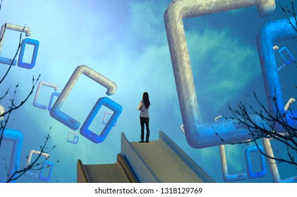 Mobile Phone Window. 2d Illustration. Abstract Dreamlike Motivational Image. Illustration Of Person Being In A Dream In Imaginary World.