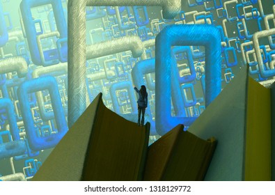 Mobile Phone Window. 2d Illustration. Abstract Dreamlike Motivational Image. Illustration Of Person Being In A Dream In Imaginary World.