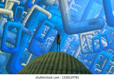 Mobile Phone Window. 2d Illustration. Abstract Dreamlike Motivational Image. Illustration Of Person Being In A Dream In Imaginary World.