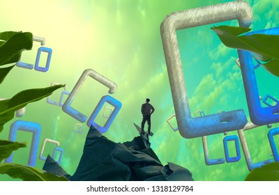 Mobile Phone Window. 2d Illustration. Abstract Dreamlike Motivational Image. Illustration Of Person Being In A Dream In Imaginary World.