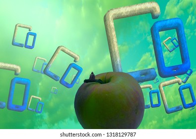 Mobile Phone Window. 2d Illustration. Abstract Dreamlike Motivational Image. Illustration Of Person Being In A Dream In Imaginary World.