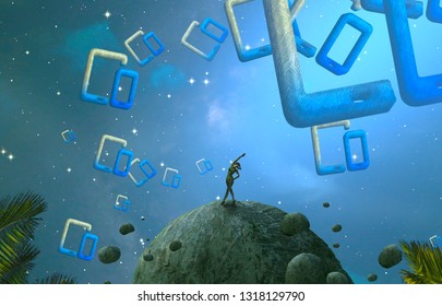 Mobile Phone Window. 2d Illustration. Abstract Dreamlike Motivational Image. Illustration Of Person Being In A Dream In Imaginary World.