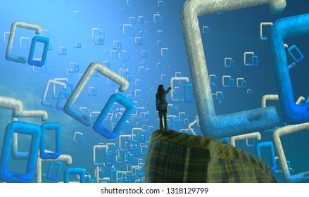 Mobile Phone Window. 2d Illustration. Abstract Dreamlike Motivational Image. Illustration Of Person Being In A Dream In Imaginary World.