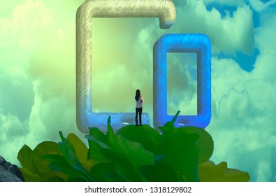 Mobile Phone Window. 2d Illustration. Abstract Dreamlike Motivational Image. Illustration Of Person Being In A Dream In Imaginary World.