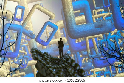 Mobile Phone Window. 2d Illustration. Abstract Dreamlike Motivational Image. Illustration Of Person Being In A Dream In Imaginary World.