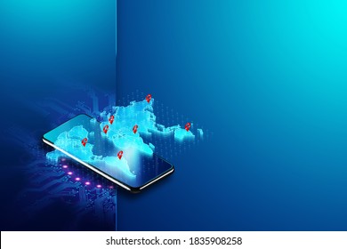 Mobile phone and world map image. Travel, vacation, destination 3D illustration, 3D render