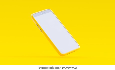 Mobile Phone In Yellow Case Mock-Up On Yellow Background. Minimal Idea Concept, 3D Render.