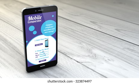 mobile plans and rates comparator on digital generated  smartphone over white wooden background. All screen graphics are made up. - Shutterstock ID 323874497