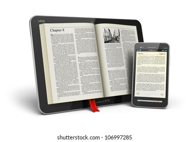 Mobile reading and literature library concept: book with text in tablet computer and touchscreen smartphone isolated on white background