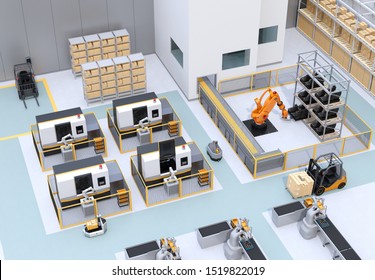 Mobile Robots, Dual-arm Robots, Heavy Payload Robot Cell And CNC Machines In Smart Factory. 3D Rendering Image.