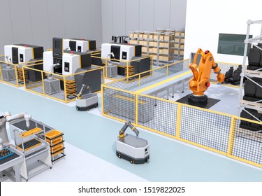 Mobile Robots, Dual-arm Robot, Heavy Payload Robot Cell And CNC Machines In Smart Factory. 3D Rendering Image.