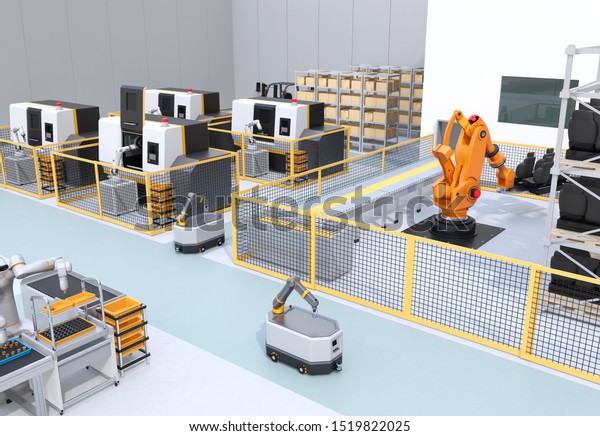 スマートな工場で 移動ロボット 双腕ロボット 重いペイロードロボットセル Cnc機械を搭載 3dレンダリングイメージ のイラスト素材