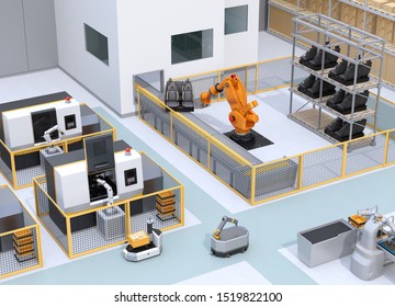 Mobile Robots, Heavy Payload Robot Cell And CNC Machines In Smart Factory. 3D Rendering Image.