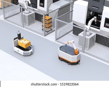 Mobile Robots Passing CNC Robot Cells In Factory. Smart Factory Concept. 3D Rendering Image.