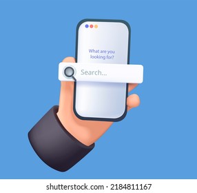 Mobile search, Searching on internet with smartphone. Search bar 3D icon render. UI UX interface app. Search Address and navigation bar icon illustration. Smartphone mockup 3D - Powered by Shutterstock