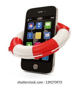 Mobile security concept. Touchscreen Smartphone with Red Lifebelt isolated on white background