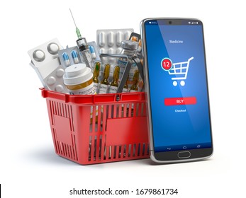 Mobile Service Or App For Purchasing  Medicines In Online Pharmacy Drugstore. Smartphone And Shopping Basket Full Of Medicines. 3d Illustration