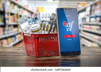 Mobile Service Or App For Purchasing  Medicines In Online Pharmacy Drugstore. Smartphone And Shopping Basket Full Of Medicines. 3d Illustration