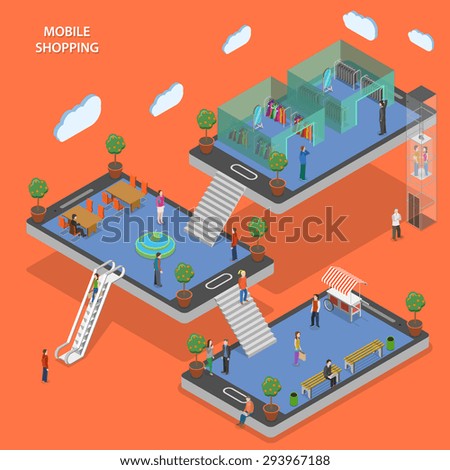 Mobile shopping flat isometric concept. People walk by store that constructed with smartphones.