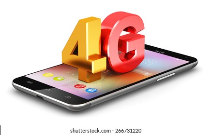 Mobile telecommunication cellular high speed data connection business concept: 4G LTE wireless communication technology logo symbol, icon or button on smartphone with color interface isolated on white