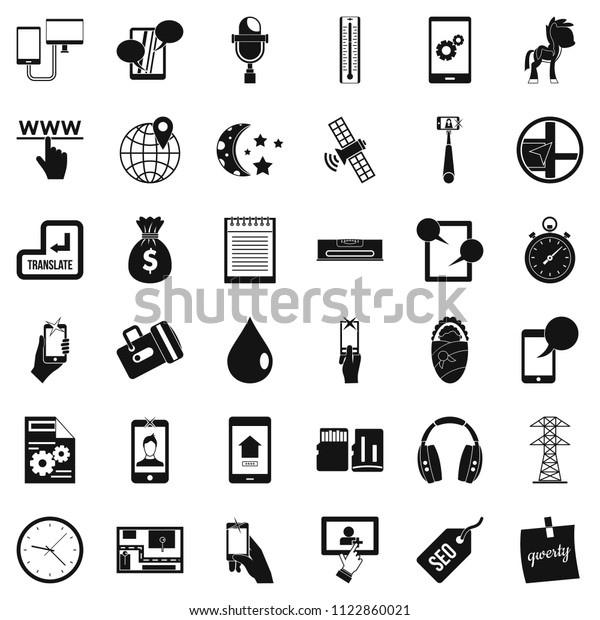 Mobile usage icons set.\
Simple set of 36 mobile usage icons for web isolated on white\
background