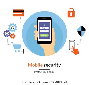 Mobile website authentication concept line illustration of human hand holds smartphone and do log in using verification password or code. Get an access to the website flat icon with security symbols
