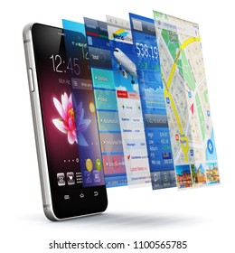 Mobility, wireless communication and app development and downloading internet web business concept: 3D smartphone or mobile phone with group of colorful application screen interfaces with color icons
